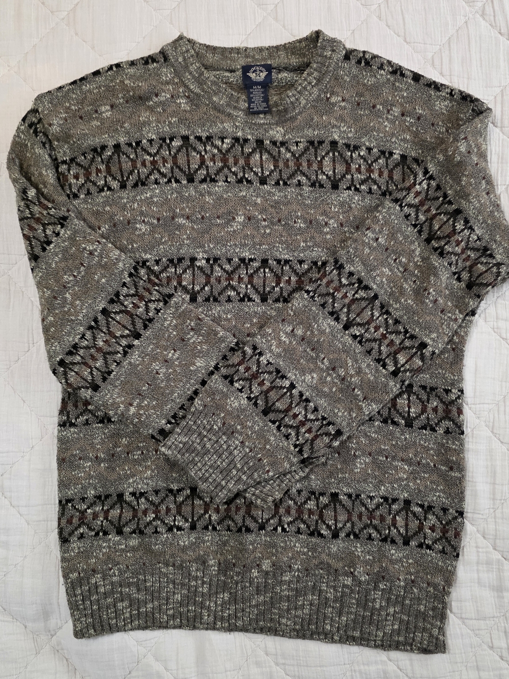 1990s Dockers Grey Crewneck Sweater with Geometric Fair Isle Pattern